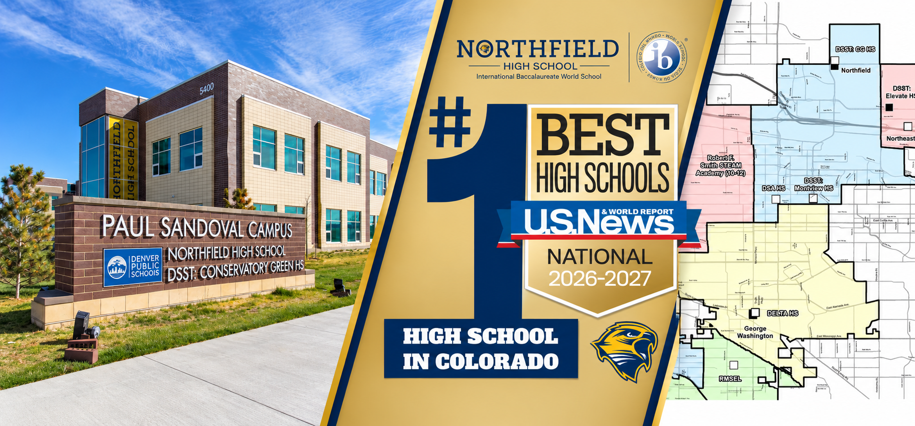 Northfield campus, the supplied 2026–2027 school award graphic, and school boundary map